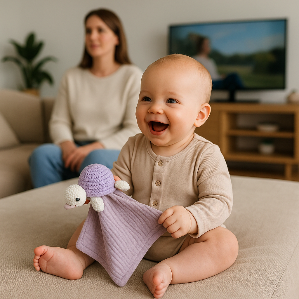 bebe assi joue maman regarde doudou bebe tortue tricot coton mousseline
