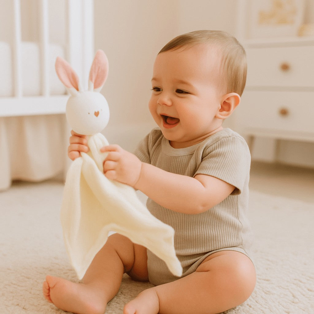 bebe assis tient deux mains doudou bebe salon petit coeur brode
