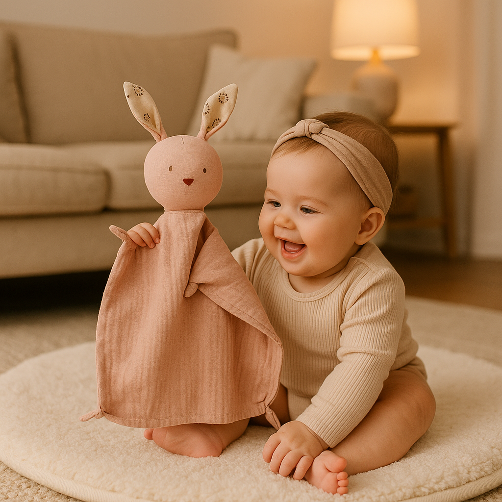 bebe assise terre joue doudou lapin mousseline