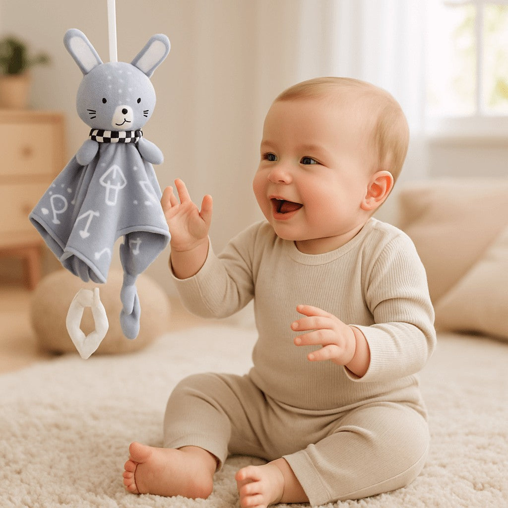 bebe content voir doudou plat lapin