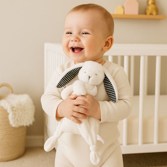 bebe debout rit avec peluche bebe lapin oreille interieur rayure
