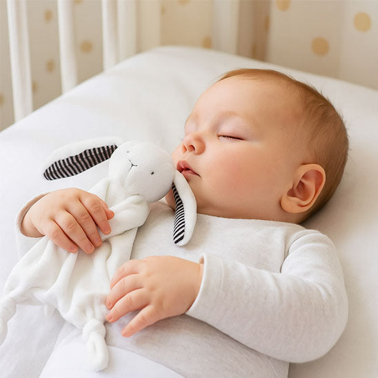 bebe dort avec peluche bebe lapin oreille interieur rayure
