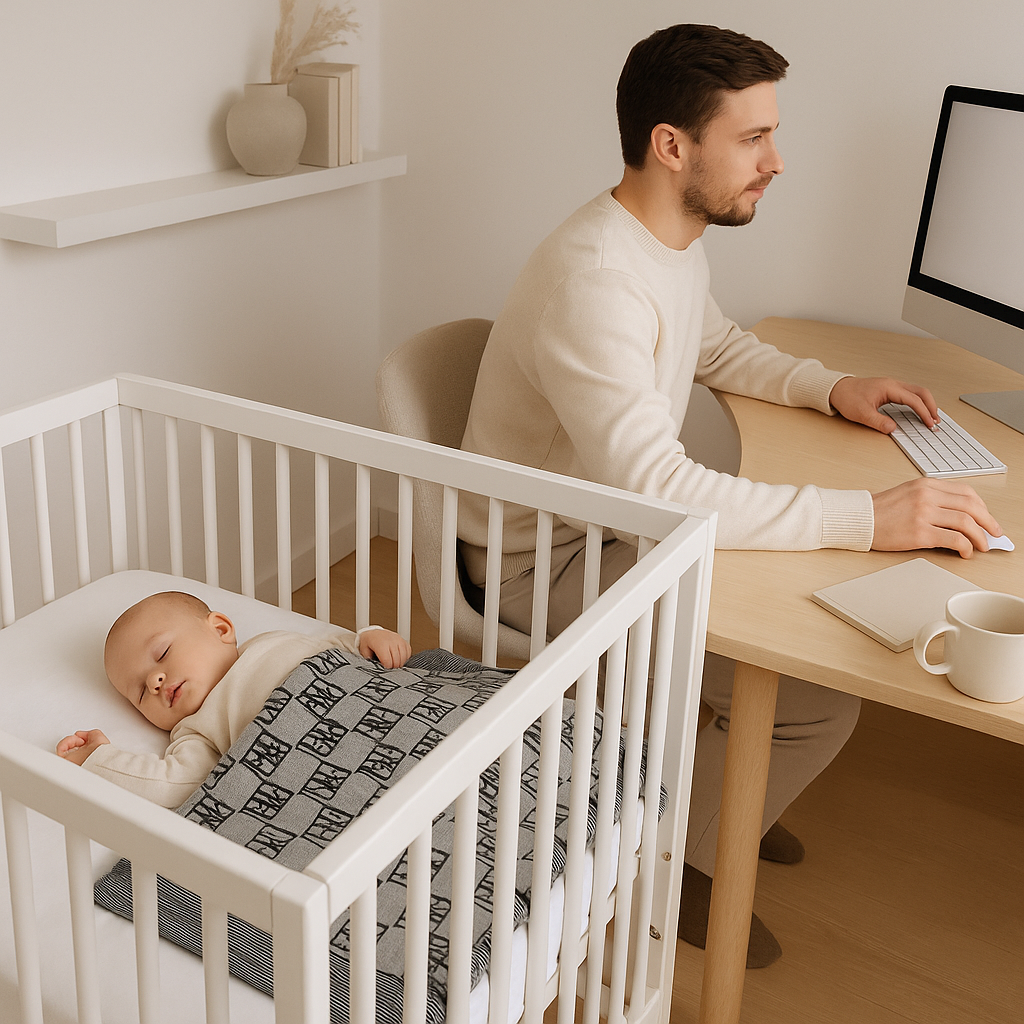 bebe dort berceau pres papa travail bureau maison couverture bebe tricot coton