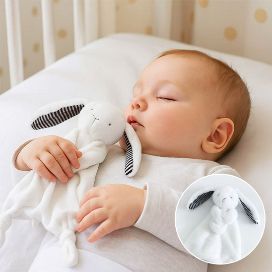 bebe dort paisiblement avec peluche bebe lapin rayure oreille