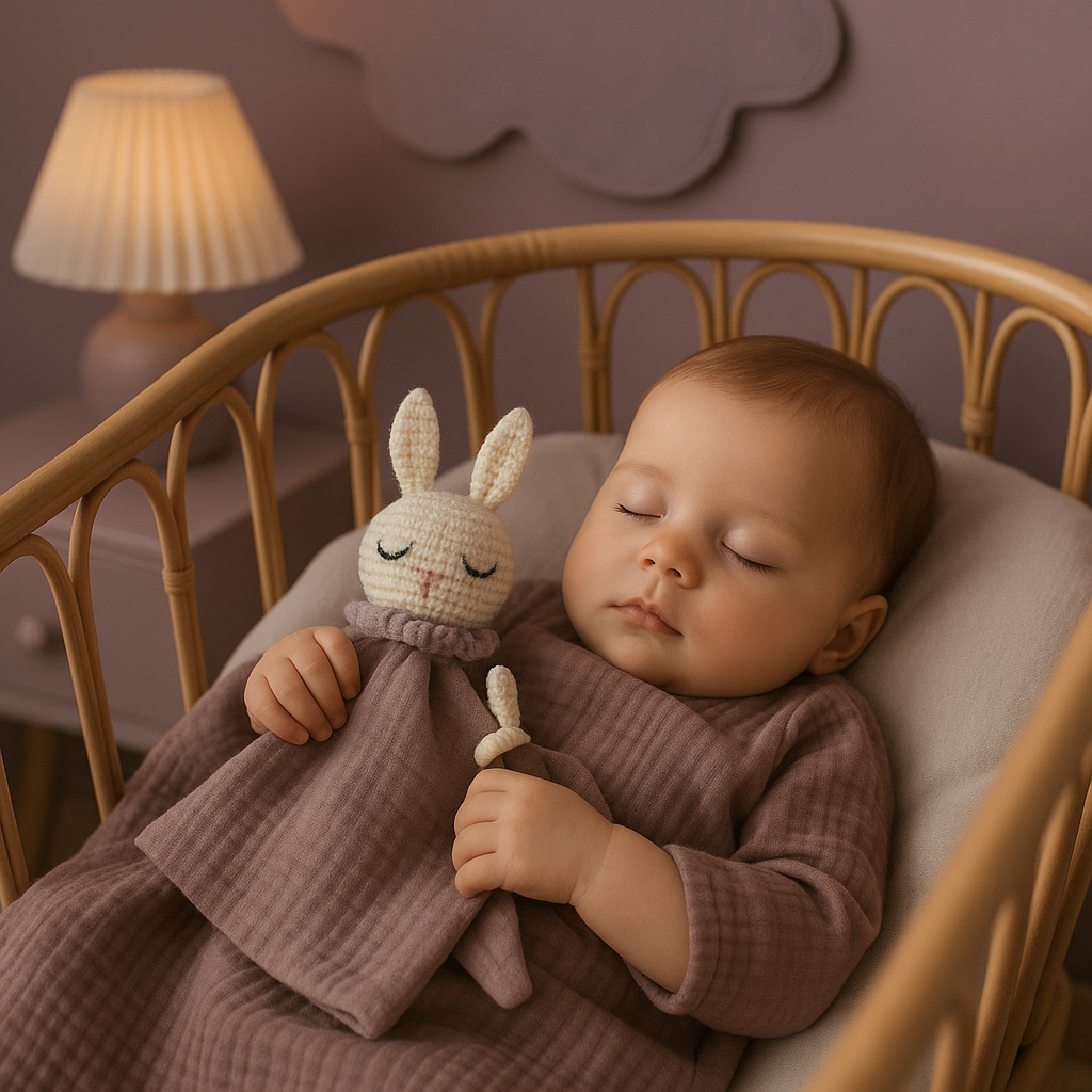 bebe dort paisiblement berceau serrant doudou lapin crochet mousseline coton