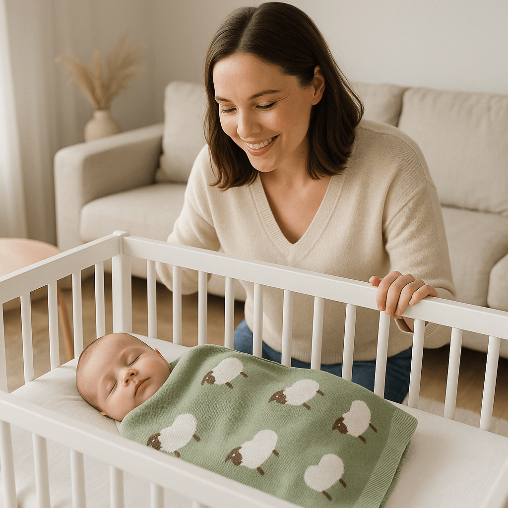 bebe enveloppe couverture respirant vert berceau maman heureuse