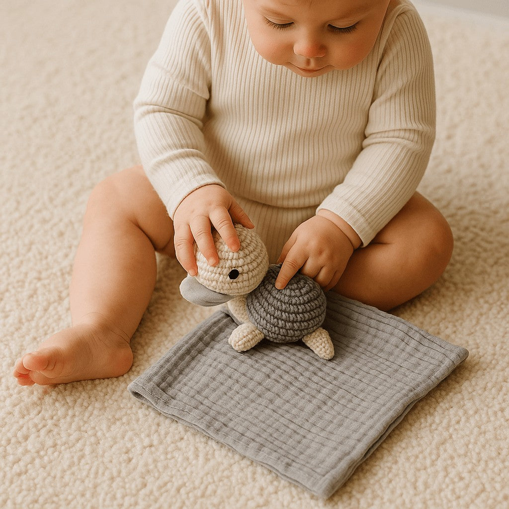 bebe garcon joue doudou bebe tortue clochette