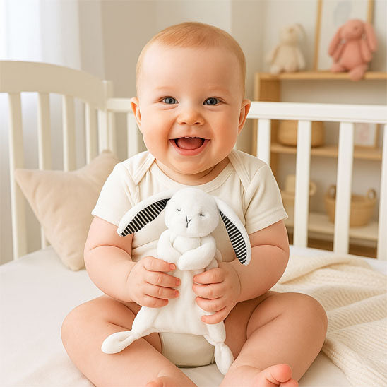 bebe heureux assis tient peluche bebe lapin oreille interieur rayure