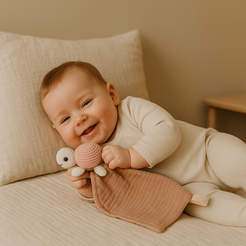 bebe heureux couche joue doudou bebe tortue coton mousseline