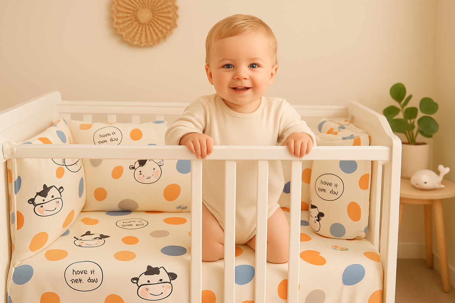 bebe heureux debout berceau tour de lit bebe motif vache