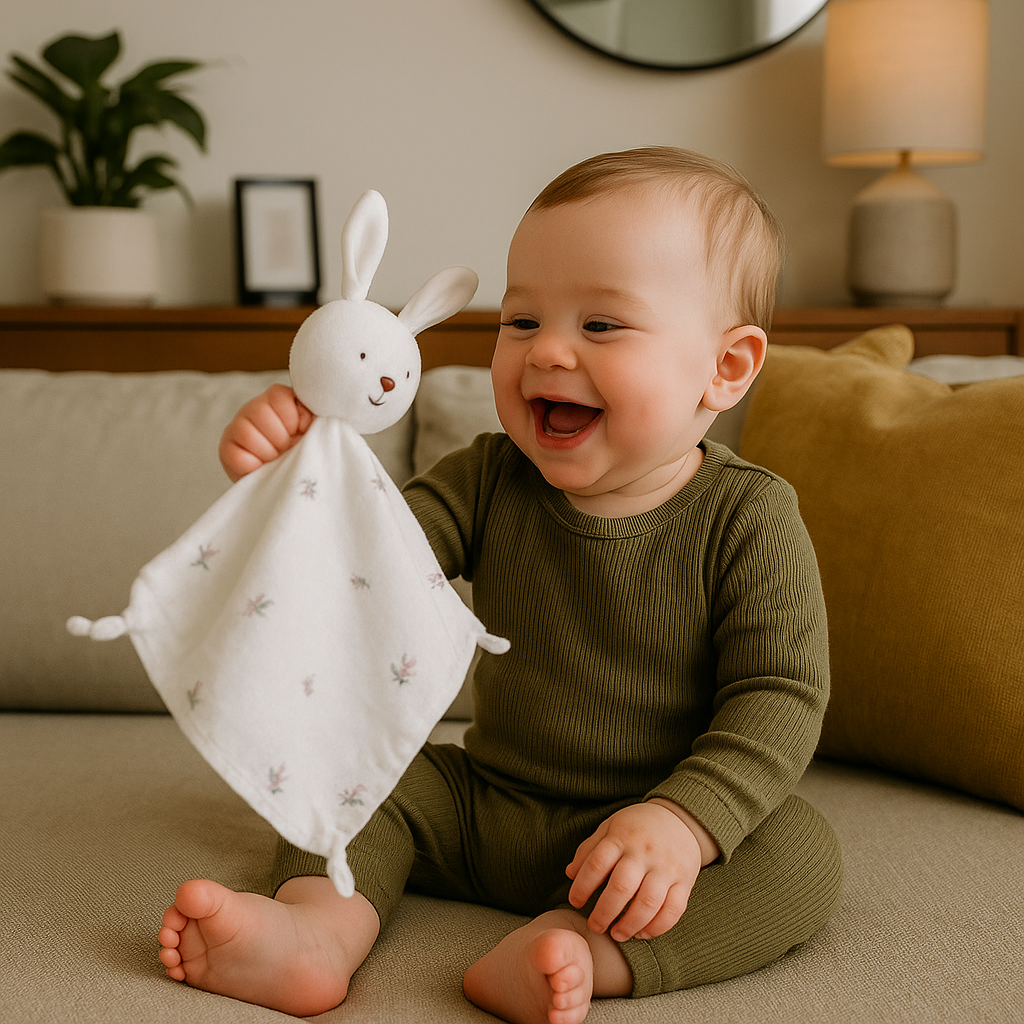 bebe heureux voir doudou lapin coton