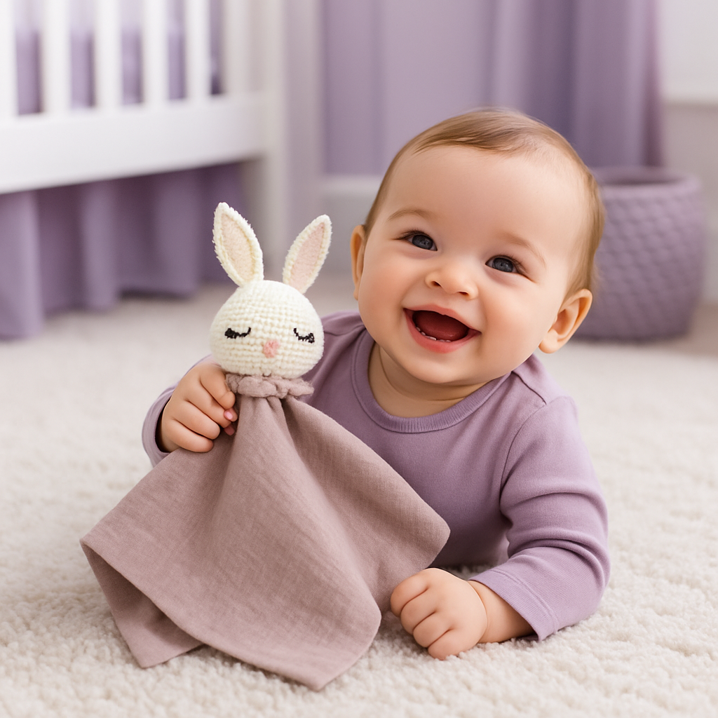bebe joue avec doudou lapin crochet mousseline_ oton