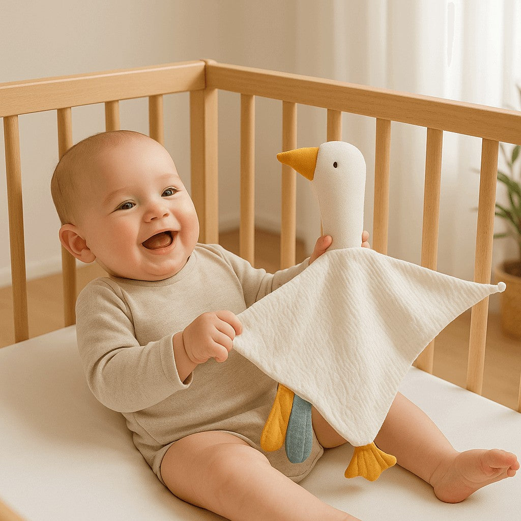 bebe joue berceau doudou plat oie blanc