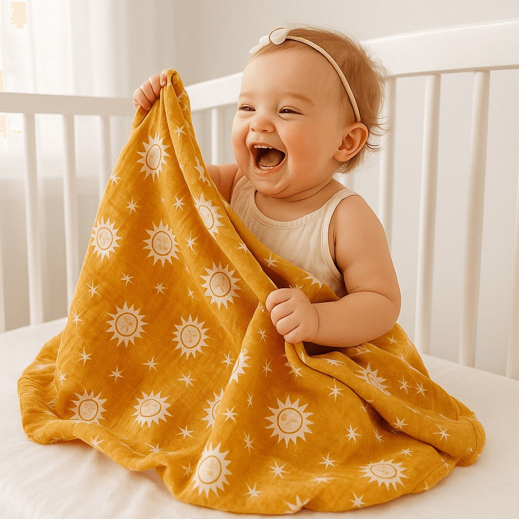 bebe joue couverture emmaillotage ete coton fibre bambou motif soleil