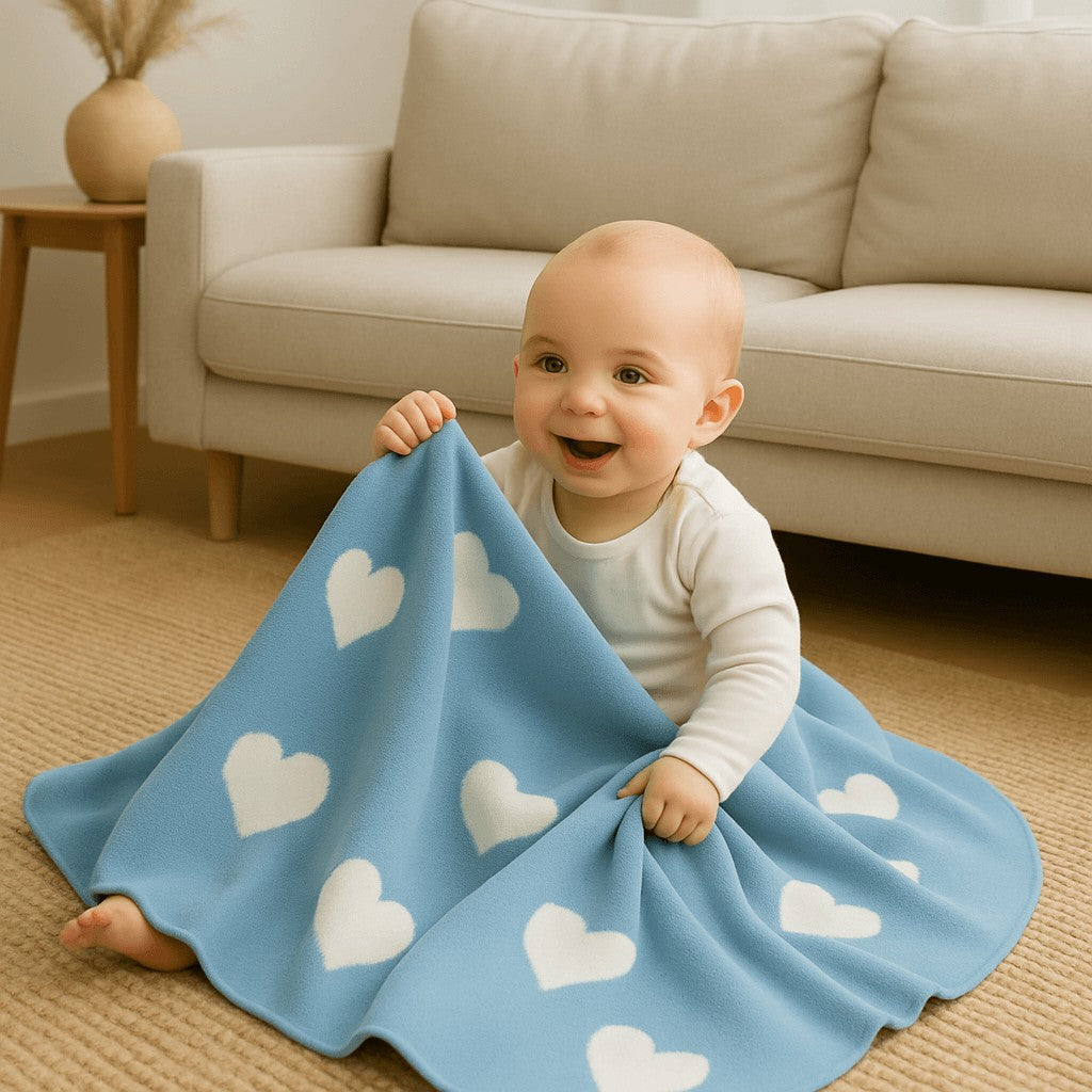 bebe joue salon couverture bebe tricot bleu