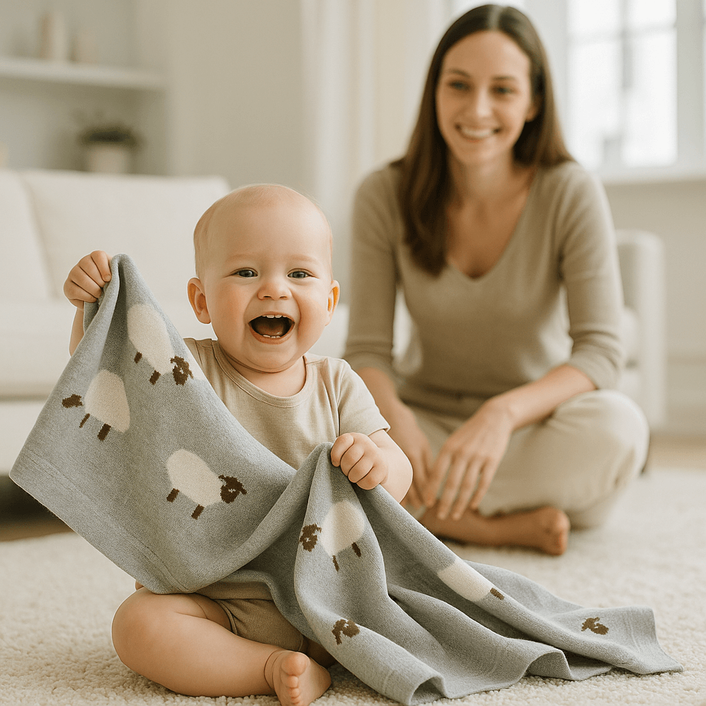 bebe joue salon couverture respirant coton maman sourit regarde