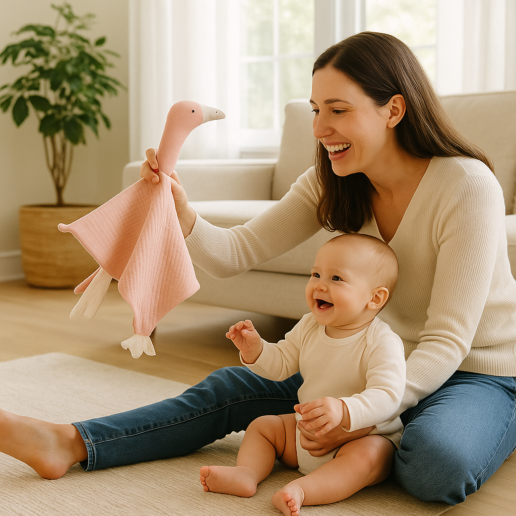 bebe maman assis sol jouent doudou plat oie rose