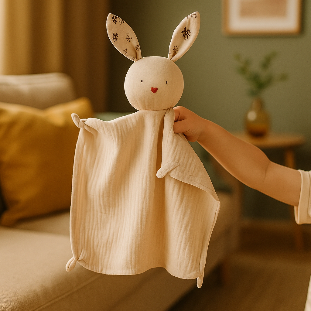 bebe montre son doudou lapin mousseline