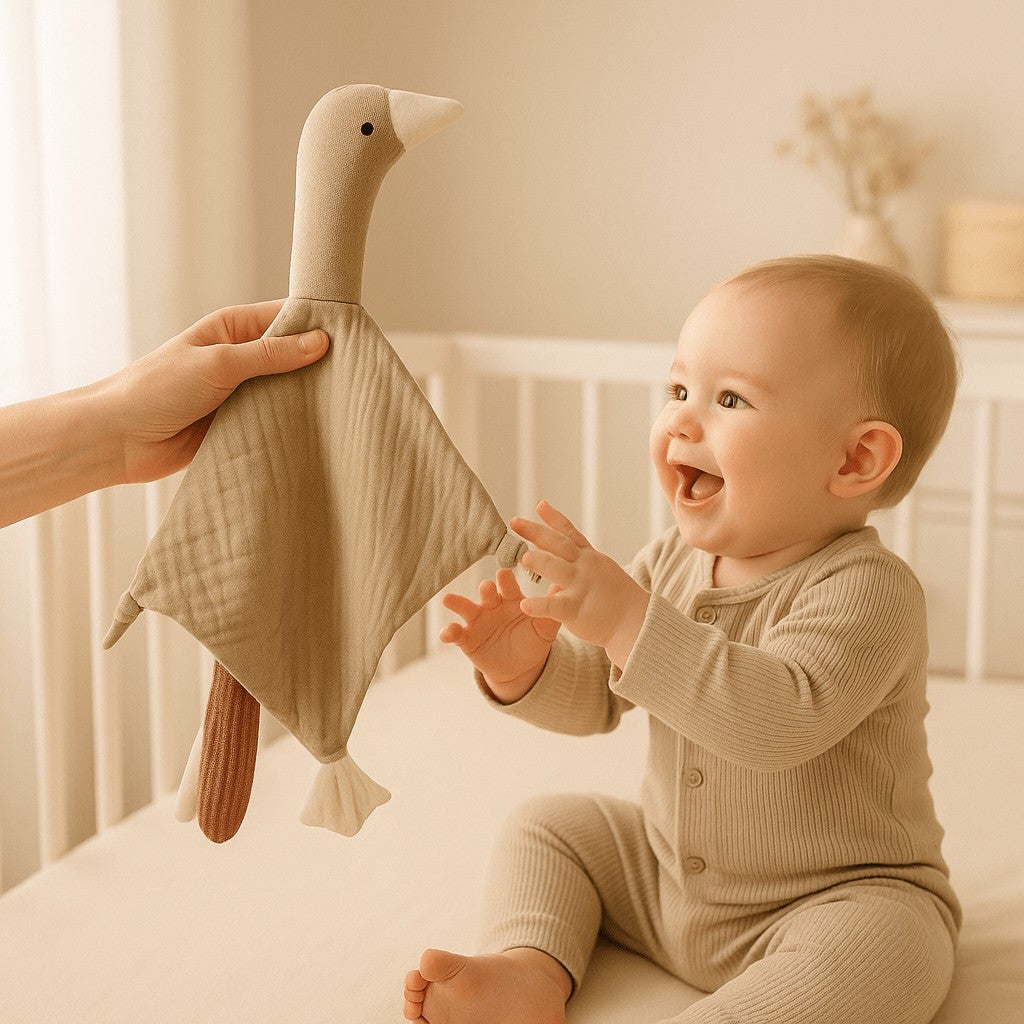 bras maman tend doudou bebe doudou plat oie marron