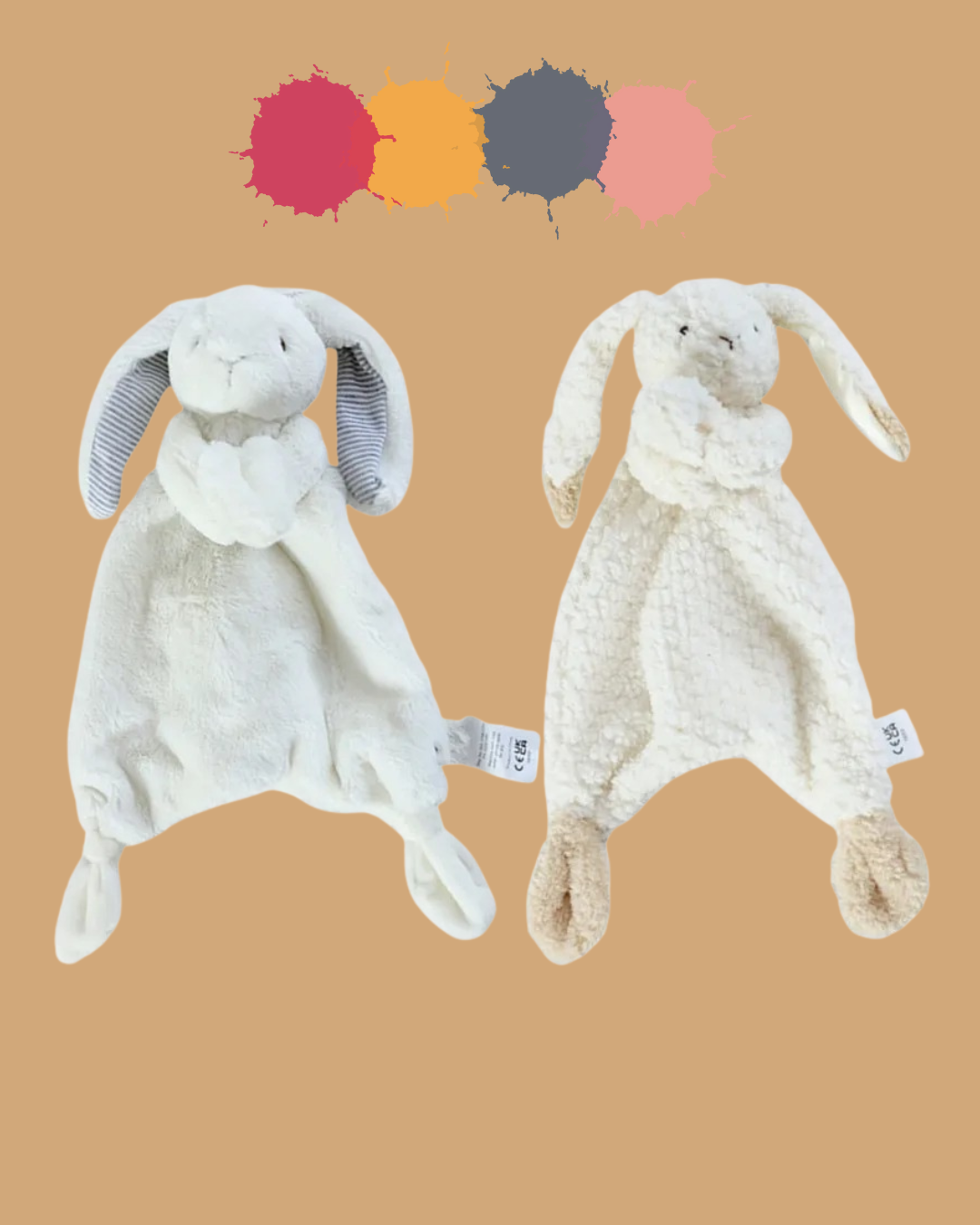 deux peluche bebe avec rayure oreille bleu marron blanc