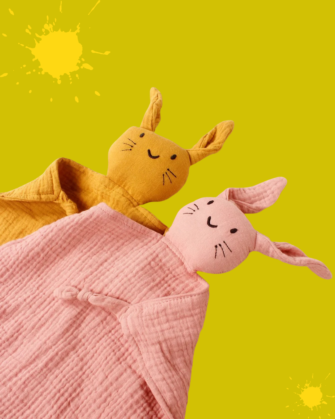 doudou bebe pur coton mousseline chat jaune rose
