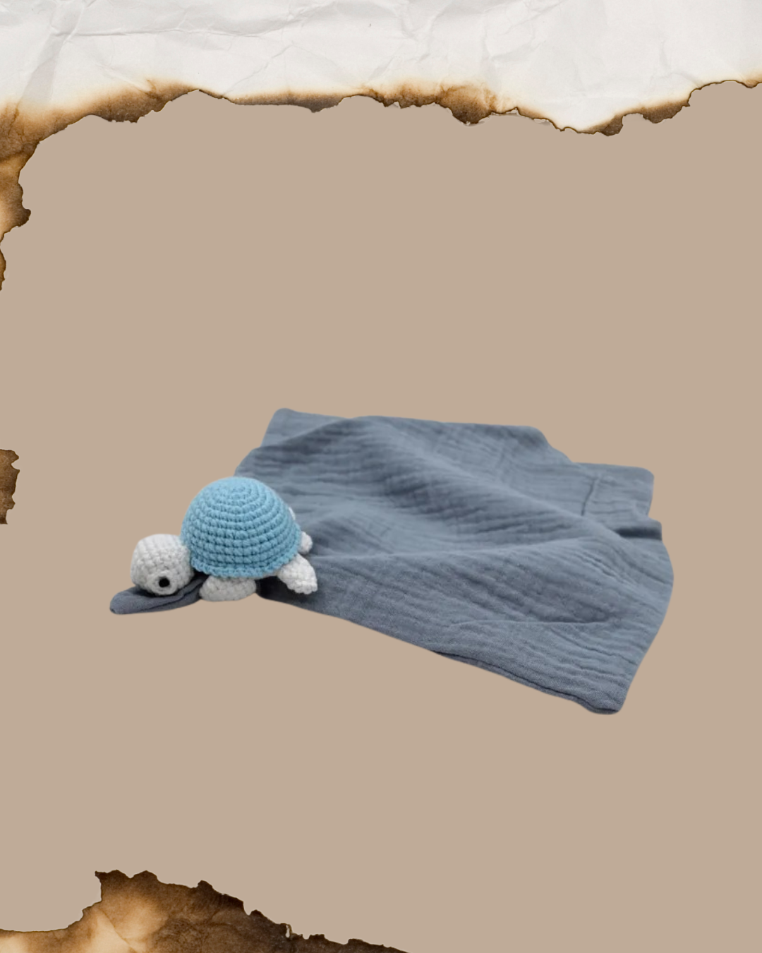 doudou bebe tortue tricot clochette coton mousseline bleu