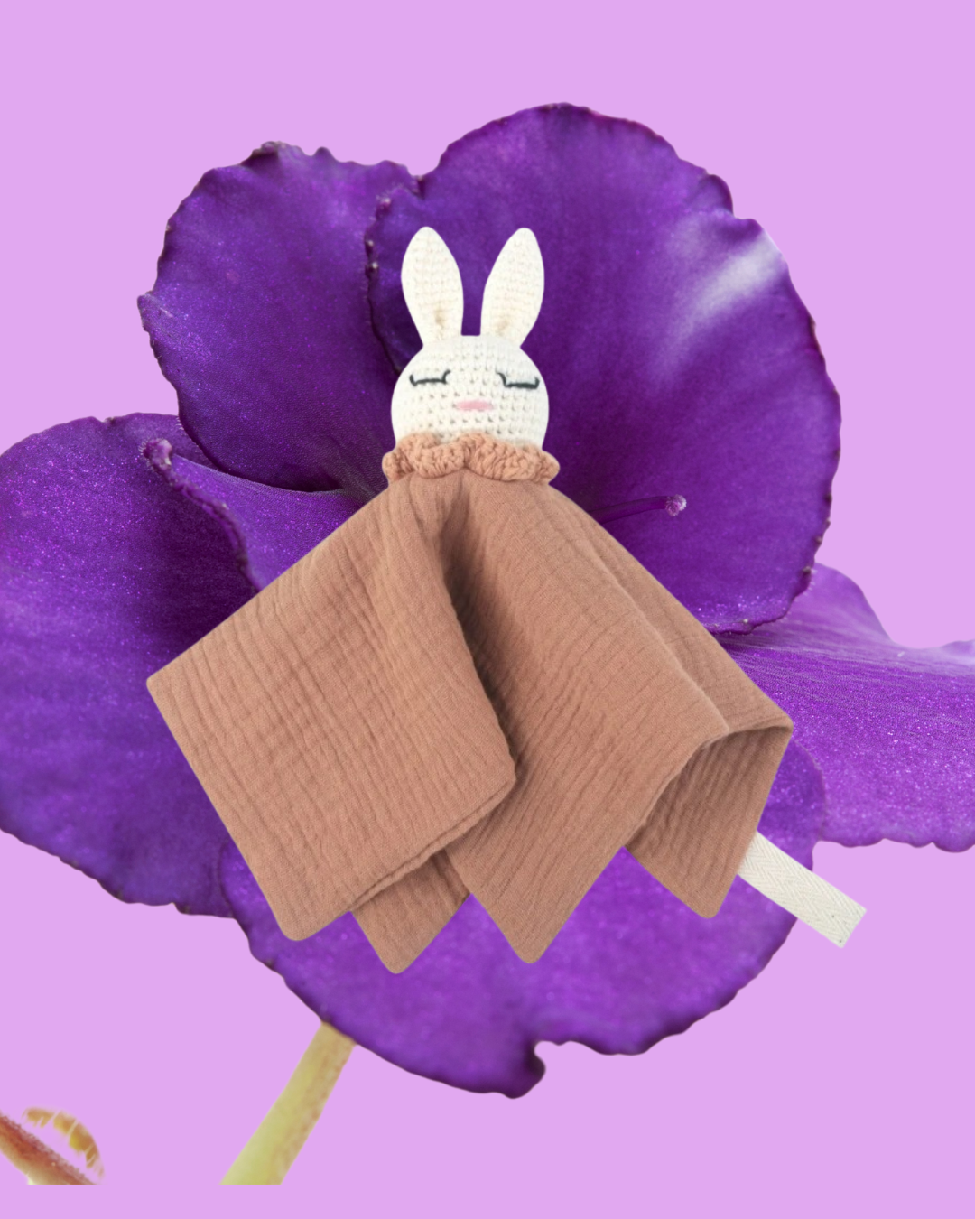 doudou lapin crochet mousseline coton marron
