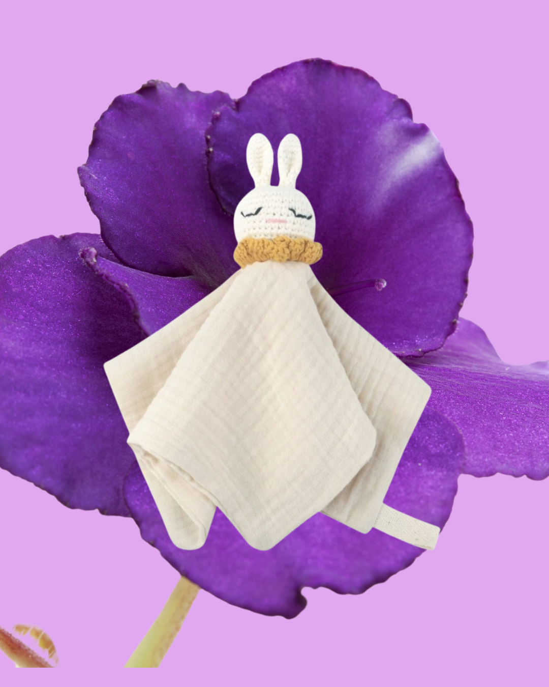 doudou lapin crochet mousseline coton violet clair
