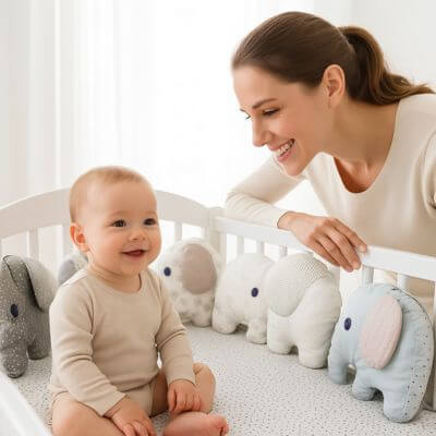 maman amuse bebe heureux tour de lit elephanteaux colores berceau