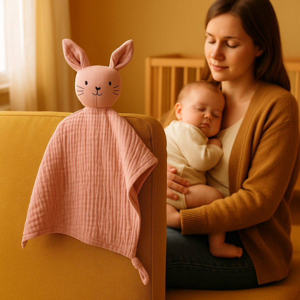 maman assise yeux fermés avec bebe dort poitrine doudou bebe coton mousseline chat