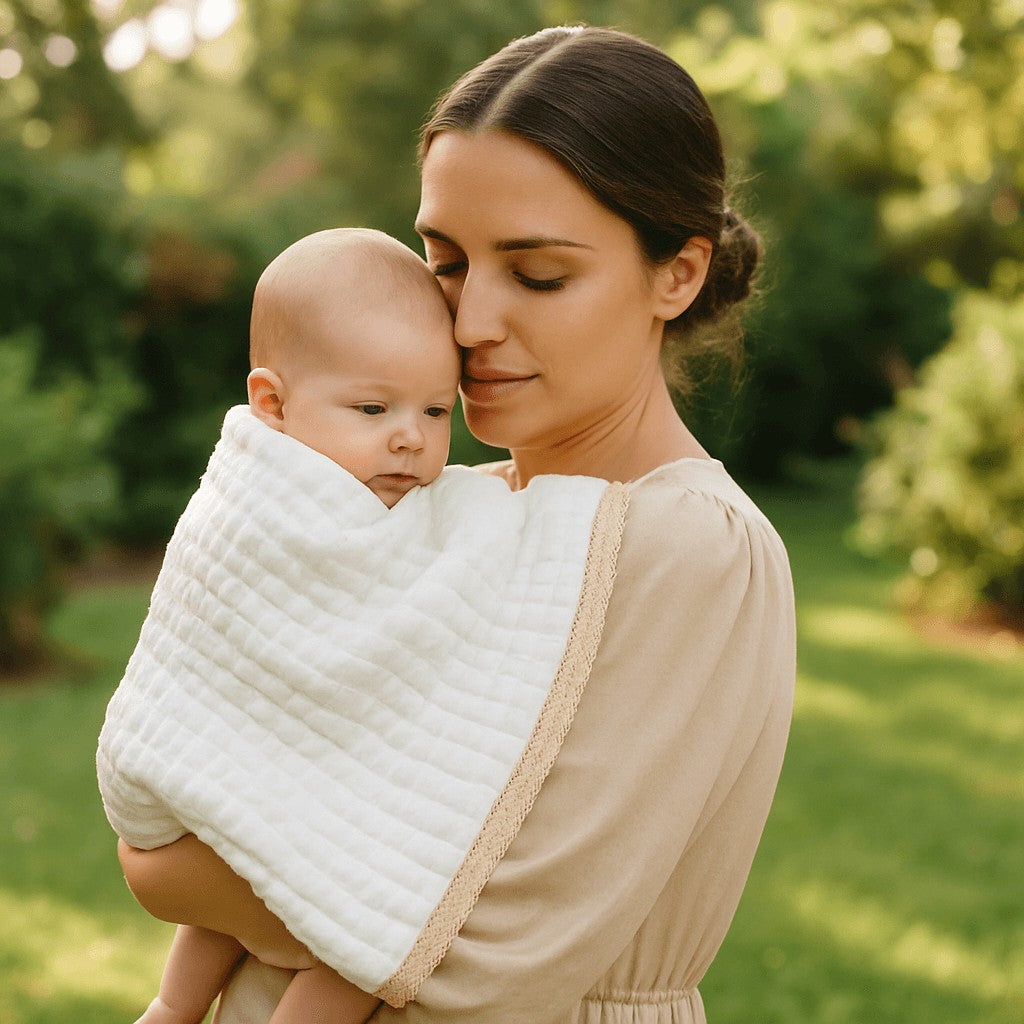 maman bebe epaule couverture bebe coton bambou mousseline blanc