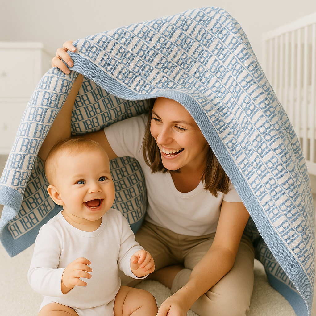 maman bebe heureux sous couverture bebe tricot coton