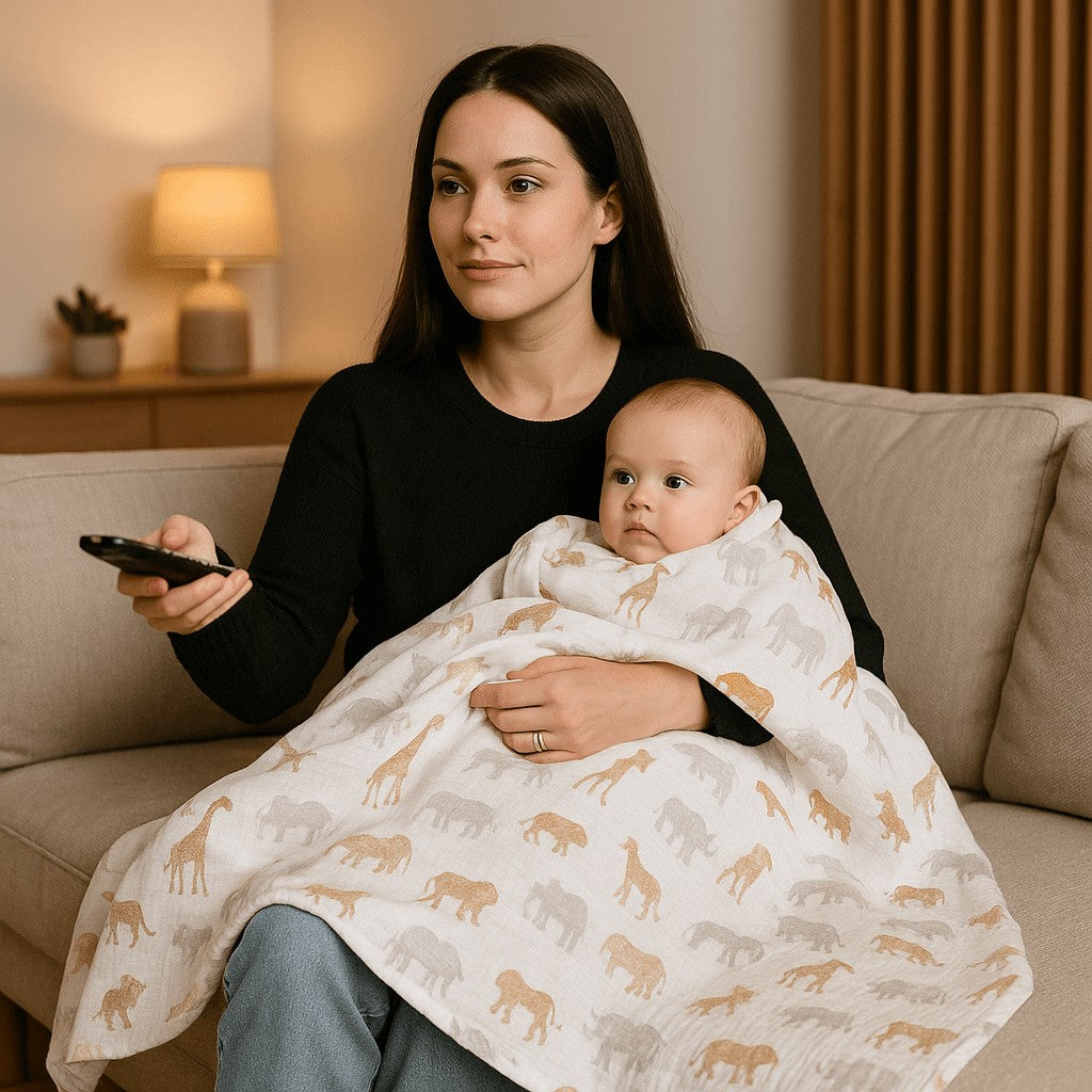 maman bebe regarde tele couverture emmaillotage fine ete coton fibre bambou motif animaux