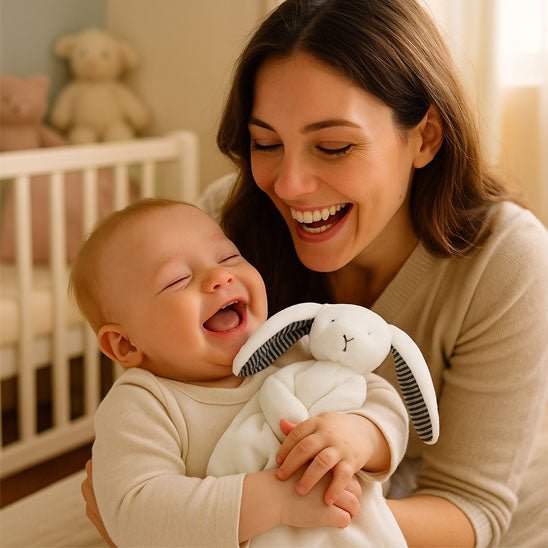 maman bebe rient avec peluche bebe lapin oreille interieur rayure