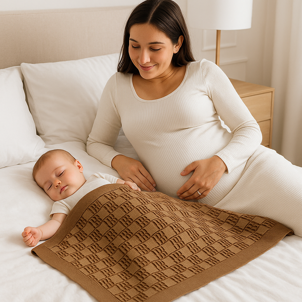 maman enceinte assise lit regarde bebe dormir couverture bebe tricot coton