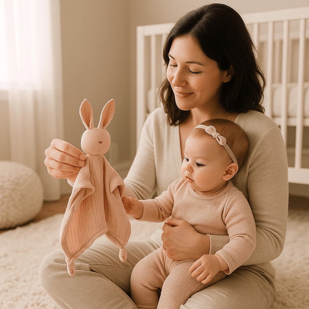 maman heureuse assise montre doudou bebe petit coeur brode