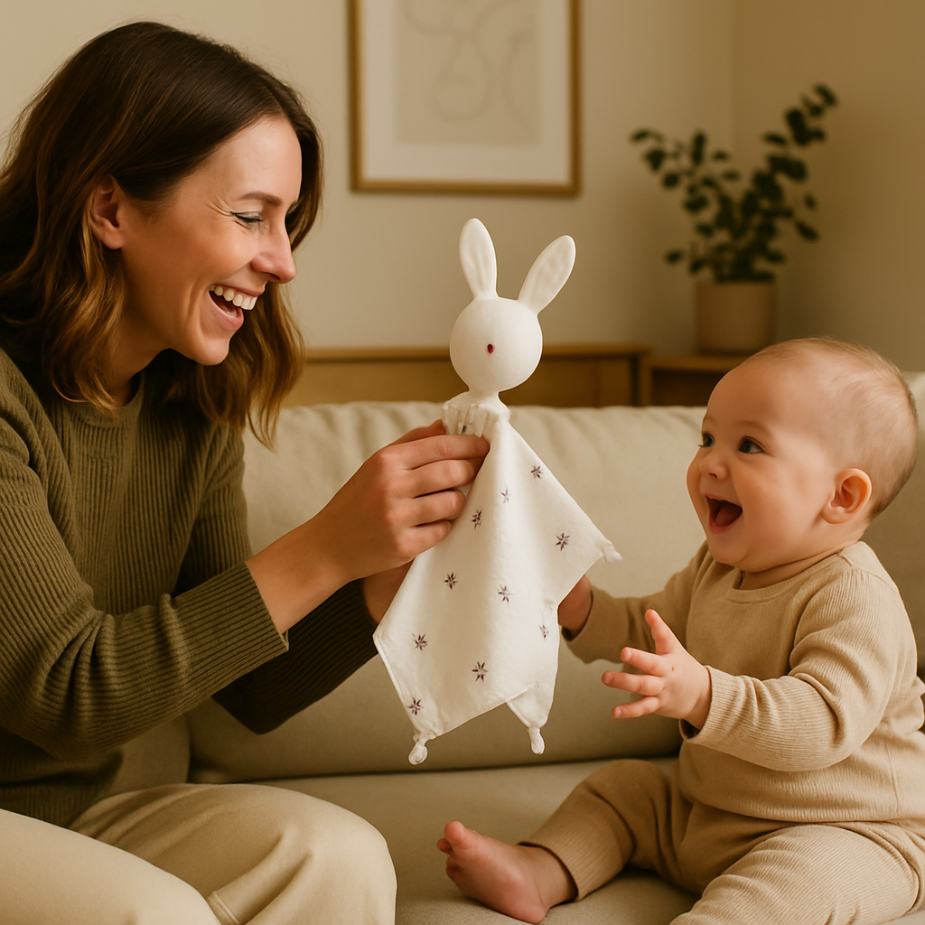 maman joue avec bebe doudou lapin coton spongieux