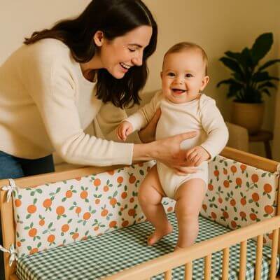maman joyeuse joue bebe berceau tour de lit monobloc oranges feuilles
