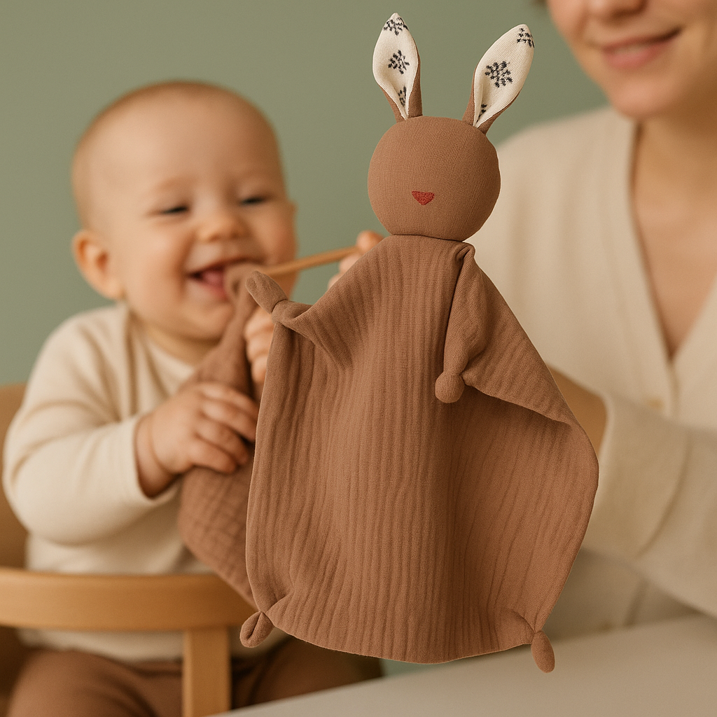 maman nourrit bebe bebe nettoie ouche avec doudou lapin mousseline