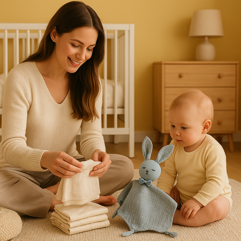 maman plie linges bebe bebe joue doudou lapin coton mousseline
