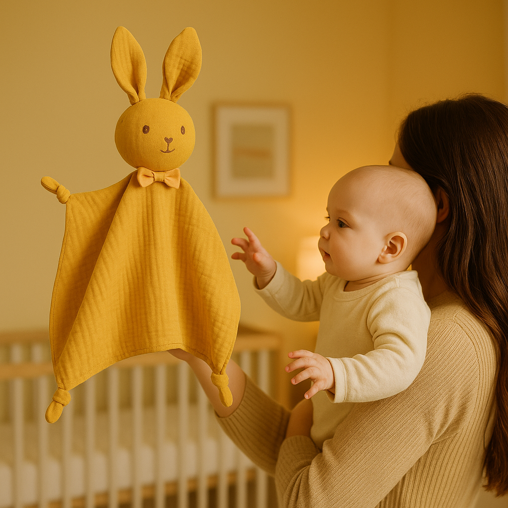 mama porte bebe tend mains vers doudou lapin coton mousseline