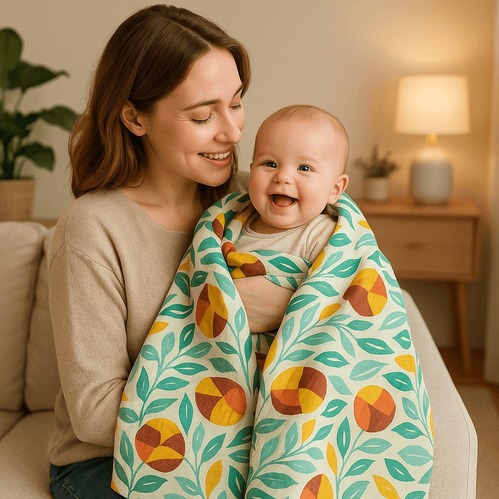 maman regarde bebe recouvert couverture emmaillotage fine ete coton bambou motif nature