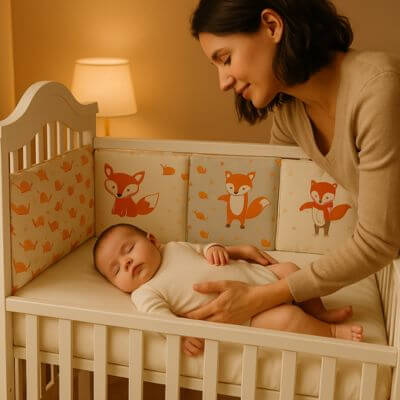 maman soin bebe dort berceau tour de lit petit renard