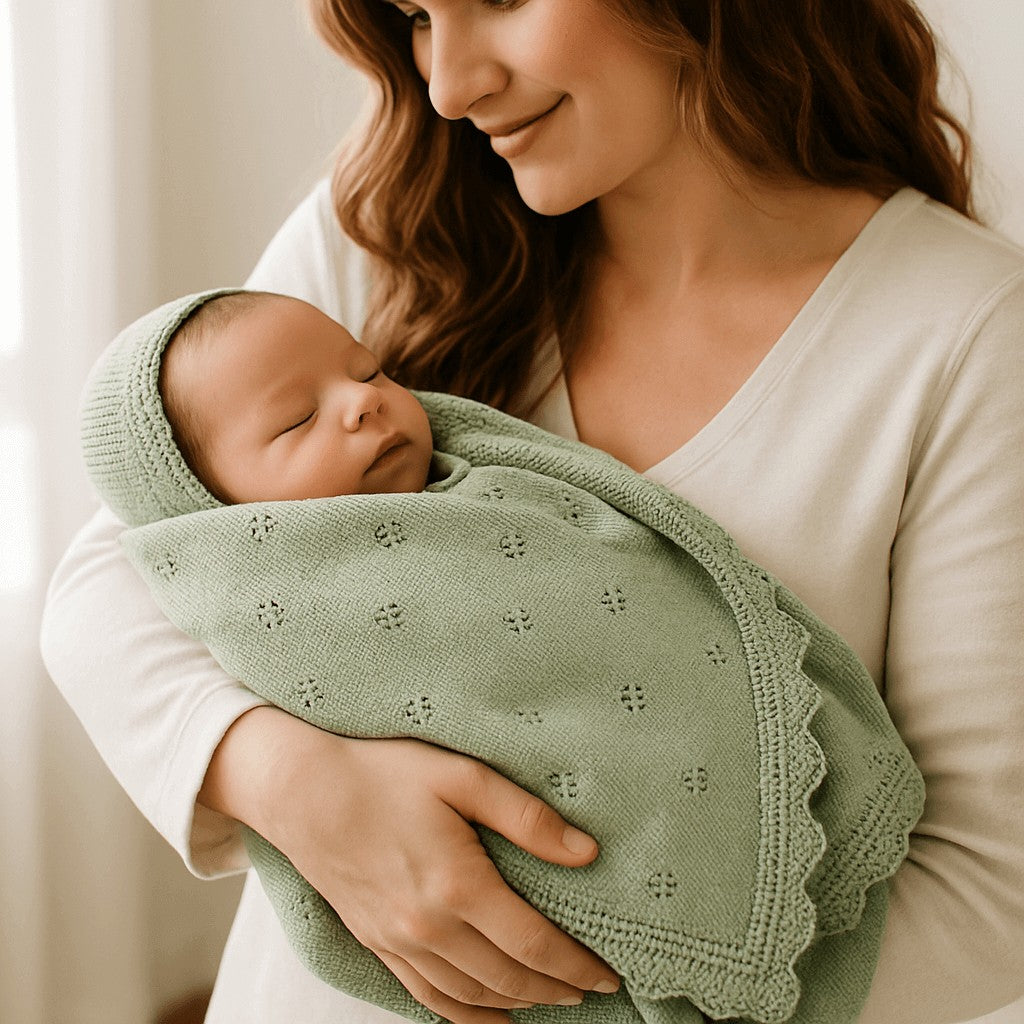 maman tient bebe emmaillote couverture bebe tricot vert