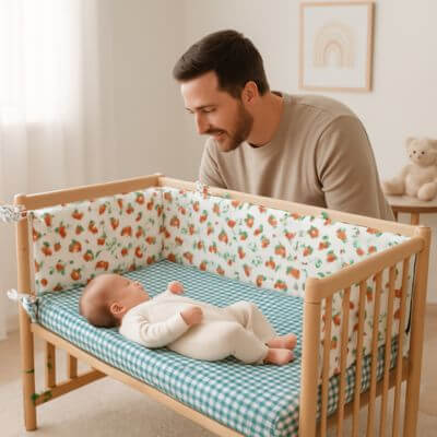 papa_assis_admire_bebe_endormi_berceau tour de lit monobloc oranges feuilles