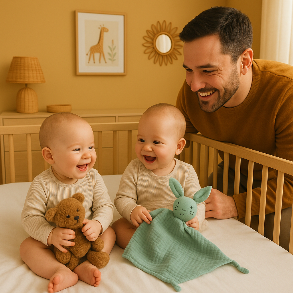 papa regarde jumeaux jouer berceau doudou bebe coton mousseline chat