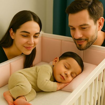 parents admirent bebe dormir tour de lit bebe coton rose