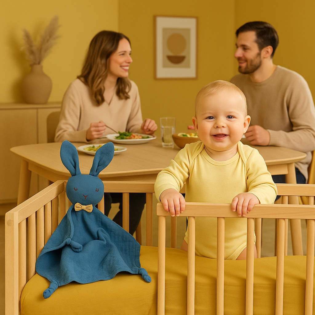 parents diner bebe berceau avec doudou lapin coton mousseline