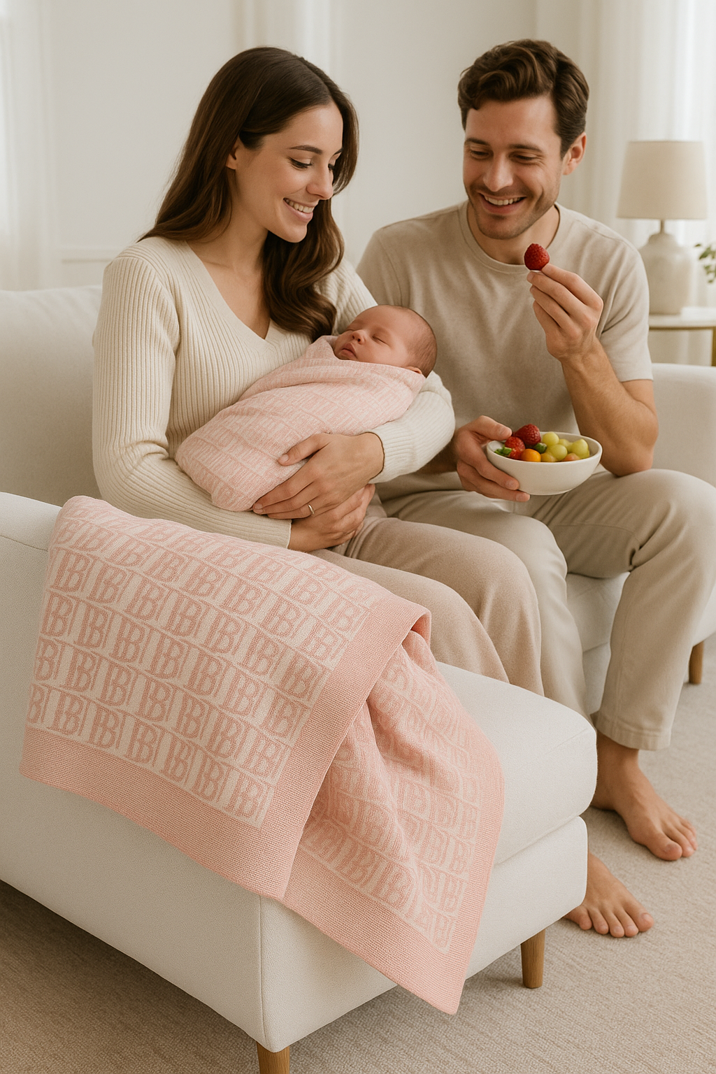 parents fauteuil contemple bebe maman tient bebe papa mange fruit couverture bebe tricot coton