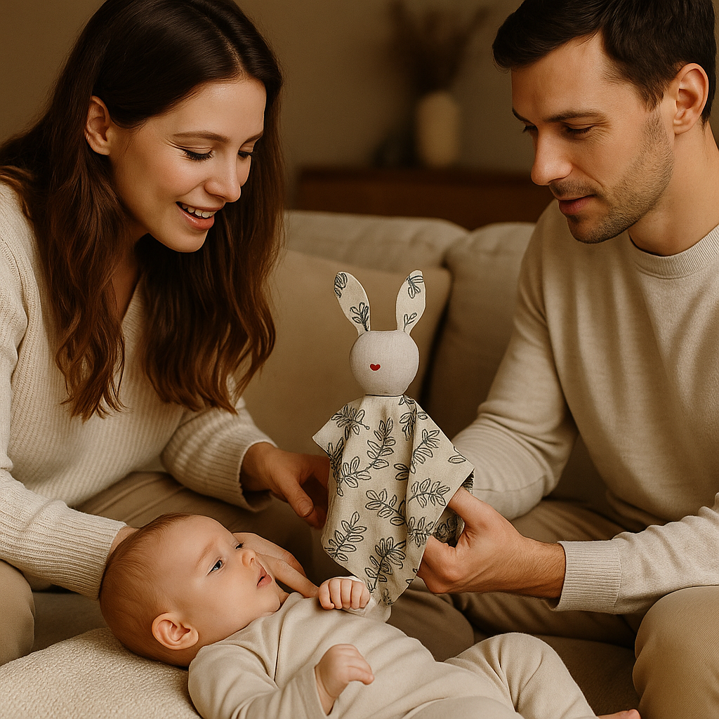 parents presentent doudou lapin spongieux bebe